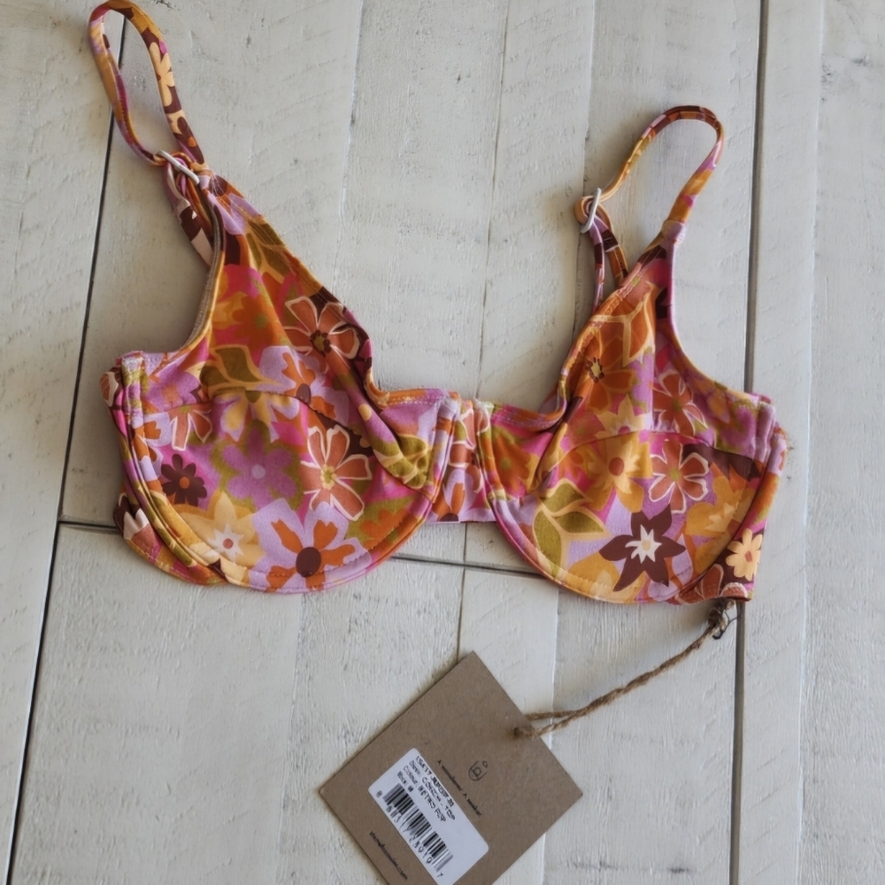 Stone Fox Swim “Retro Pop” Floral Bikini Top - Pink, Orange, Yellow